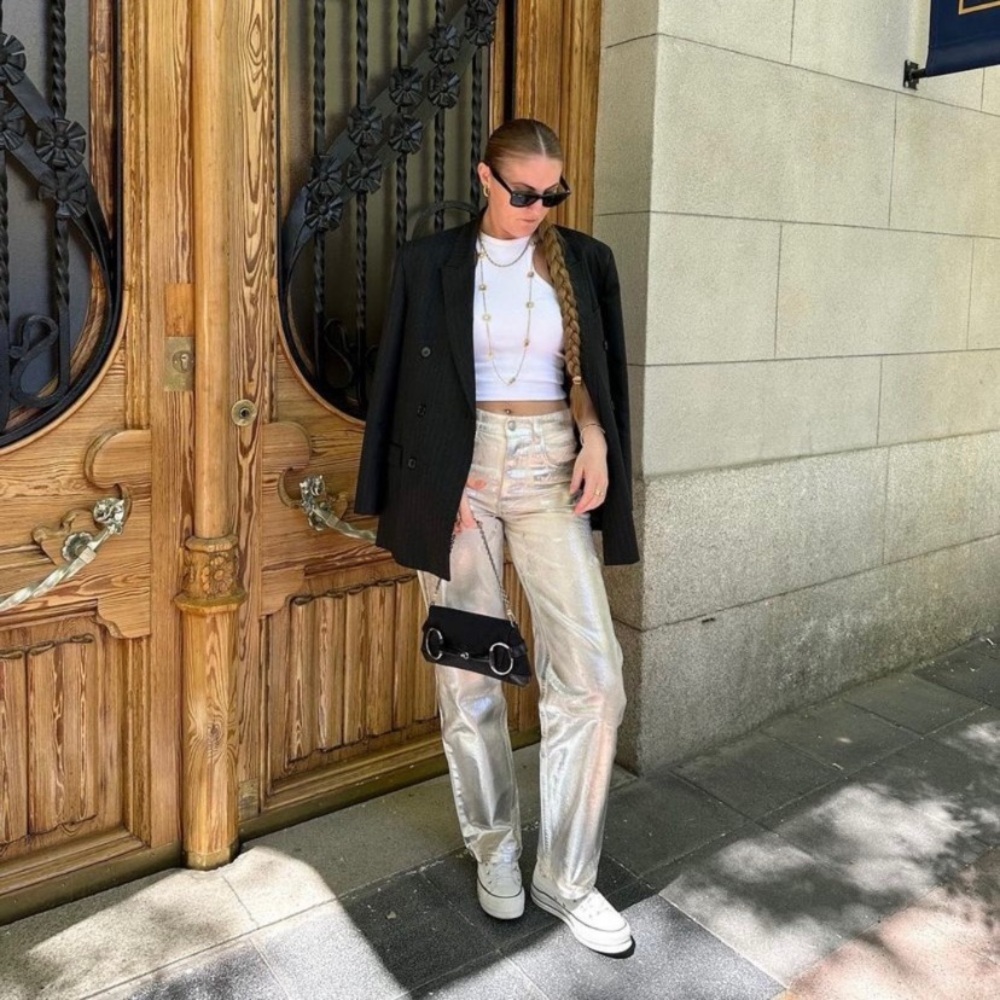 Zara silver metallic wide leg jeans - Picture 6 of 16